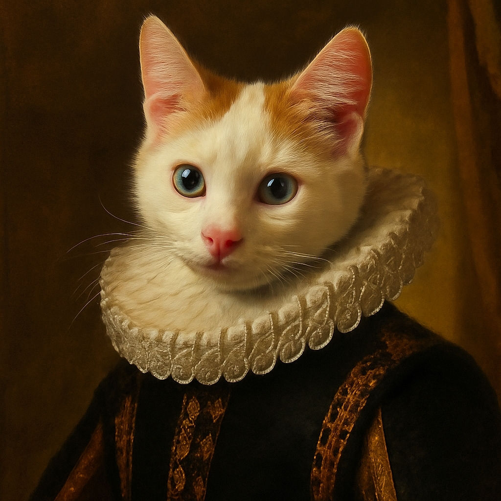 A curious white kitten with a splash of orange on its head gazes directly at the camera with big, innocent eyes, perched on a cozy blue blanket in a softly lit room.