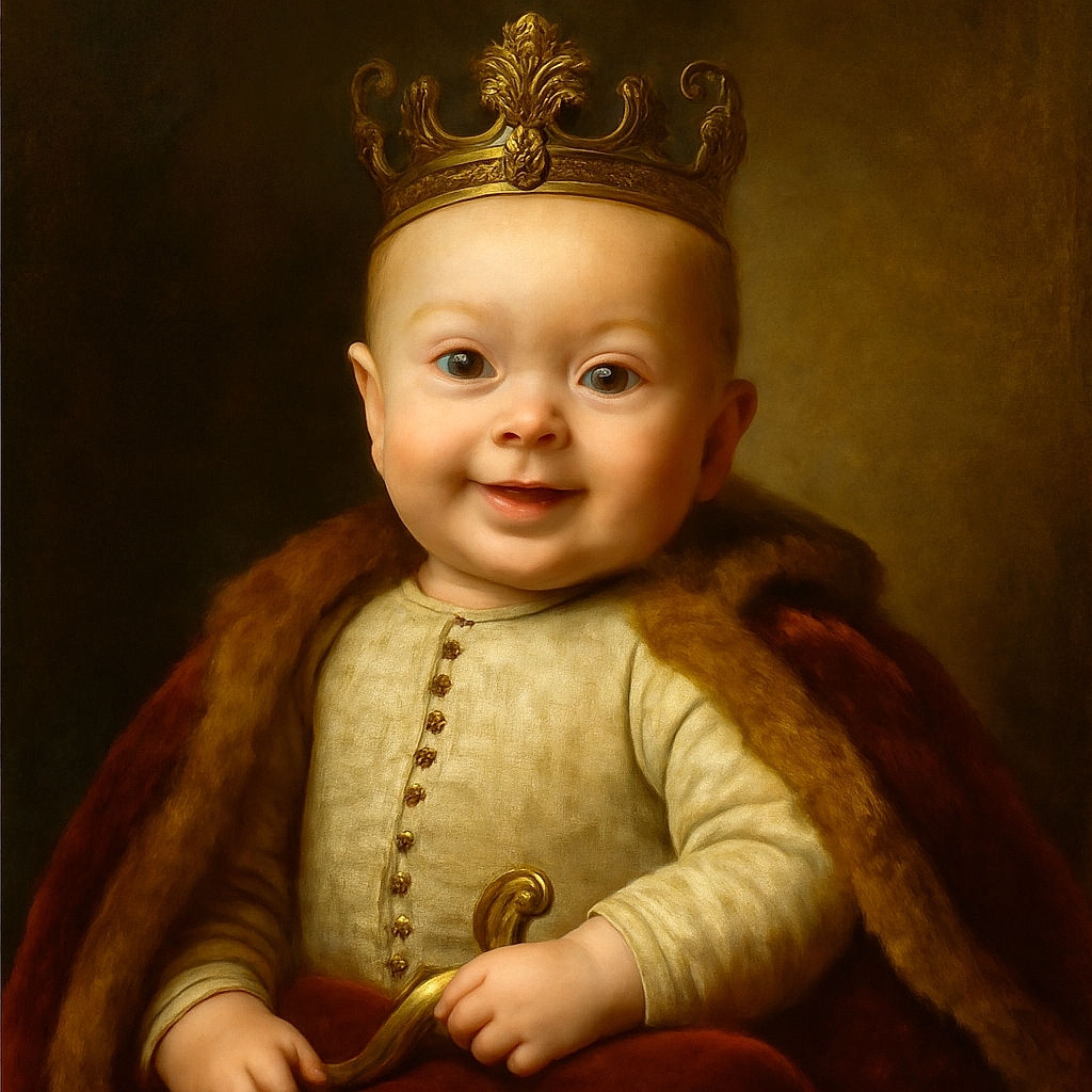 A bright-eyed baby with a joyful expression wearing a cute 'Little Dude' shirt, sitting against a soft, muted background that highlights the adorable smile and sparkling eyes.
