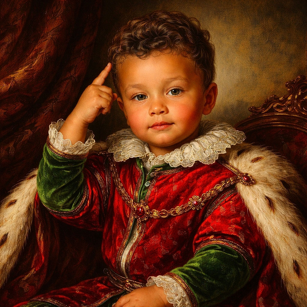 A confident toddler sitting in a car seat wearing a bright red sports jersey and matching red sneakers, pointing upwards with a cheeky expression, ready to conquer the world or at least the backseat.