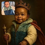 A charming baby bundled up in a cozy fluffy jacket, smiling warmly while lying on a soft blue blanket, radiating pure cuteness and comfort.