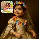 A joyful toddler with a colorful flower crown and matching necklace beams with delight while reaching out from a high chair, set against a vibrant rainbow-striped backdrop that adds a festive party vibe.