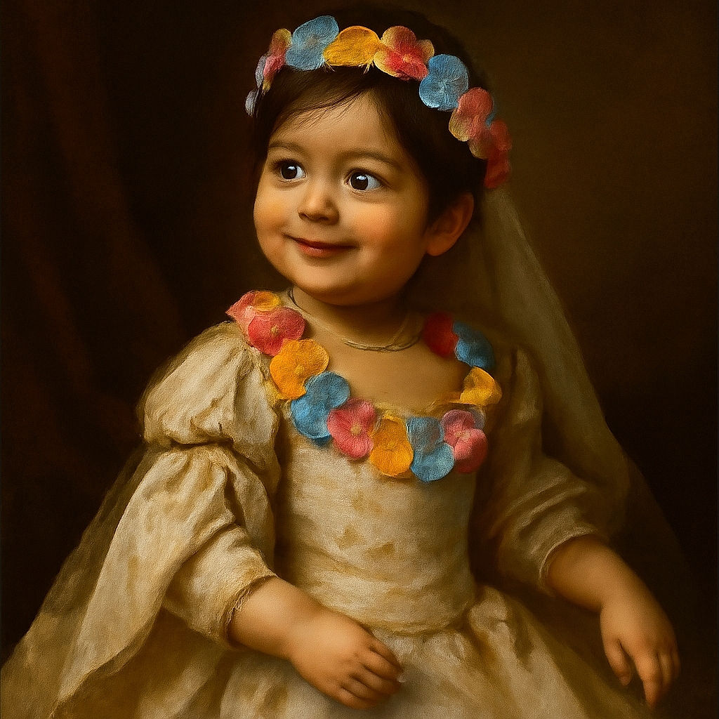 A joyful toddler with a colorful flower crown and matching necklace beams with delight while reaching out from a high chair, set against a vibrant rainbow-striped backdrop that adds a festive party vibe.