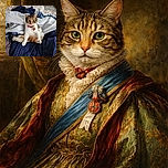 A fluffy, multi-colored cat sits in a human-like pose on a cozy bed covered with various blankets and pillows, staring directly at the camera with a curious yet regal expression, wearing a red collar with tags that add a touch of personality.