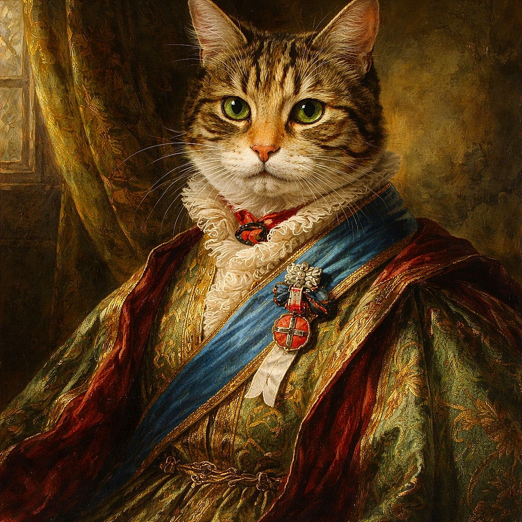 A fluffy, multi-colored cat sits in a human-like pose on a cozy bed covered with various blankets and pillows, staring directly at the camera with a curious yet regal expression, wearing a red collar with tags that add a touch of personality.