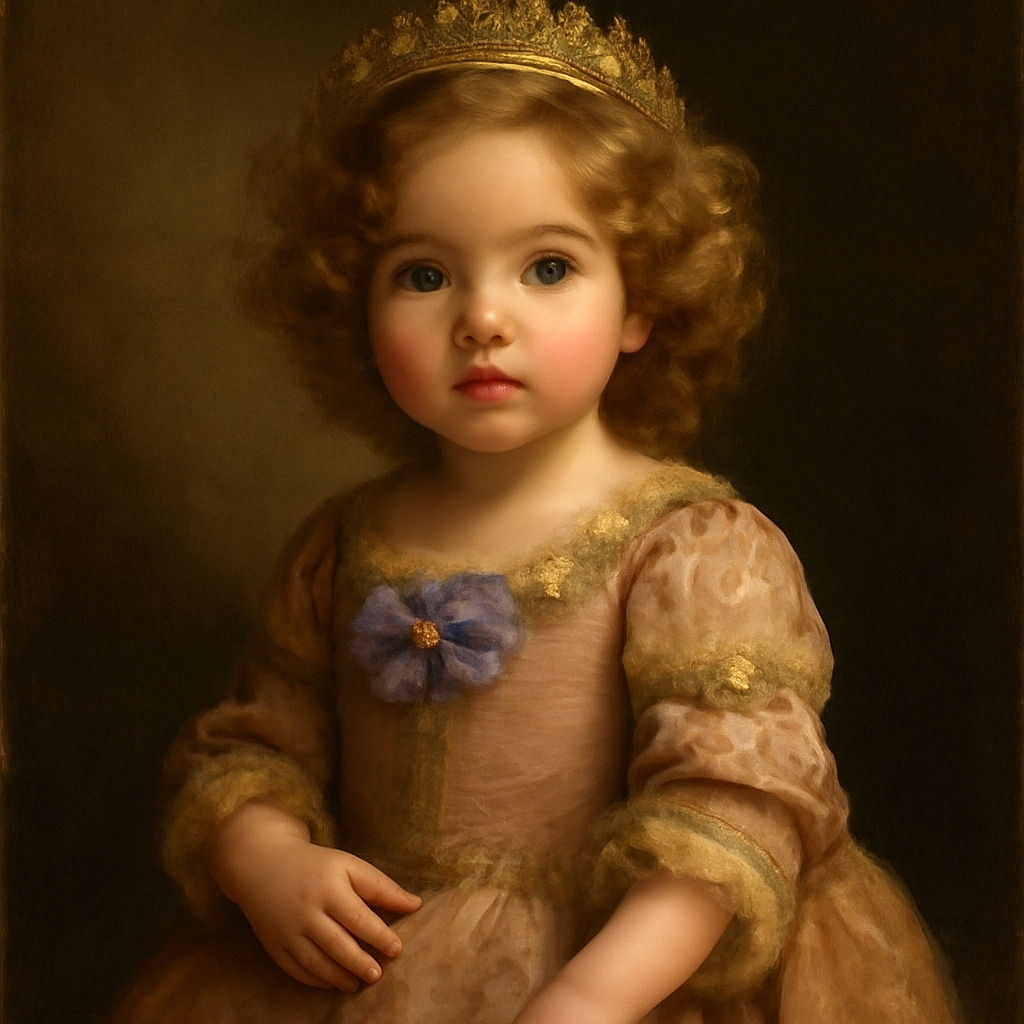 A curly-haired toddler sits on a wooden floor wearing a cozy Minnie Mouse onesie, looking curiously at the camera with big expressive eyes and puckered lips, surrounded by warm kitchen cabinetry and a stainless steel appliance.