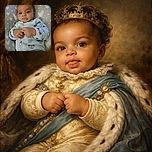 A cute baby bundled in a cozy blue onesie with little cars, lying on a heart-patterned pillow, looking curiously at the camera with big shiny eyes and tiny hands clasped together.