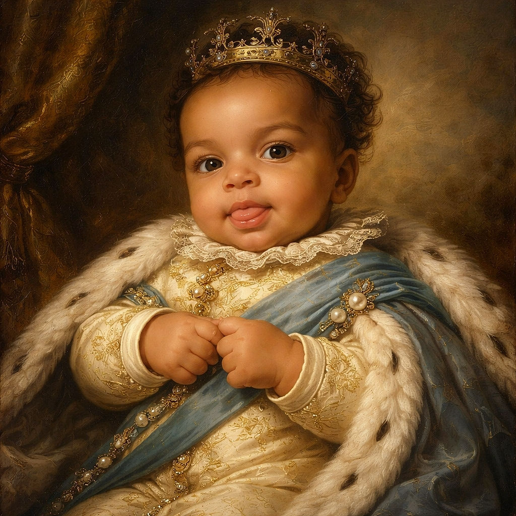 A cute baby bundled in a cozy blue onesie with little cars, lying on a heart-patterned pillow, looking curiously at the camera with big shiny eyes and tiny hands clasped together.