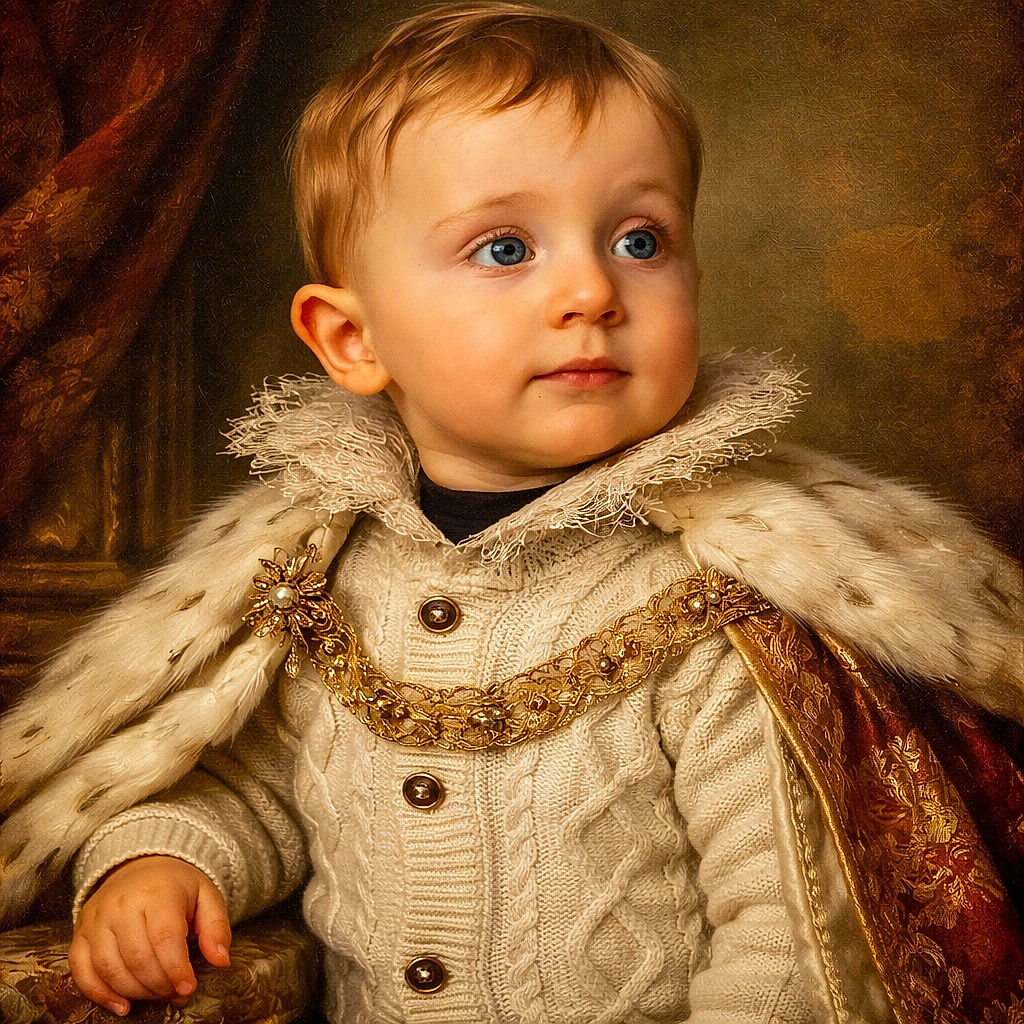 A wide‑eyed toddler in a chunky cream cable knit cardigan gazes off to the side like they just heard the word 'snack' or saw a tiny airplane. Seated on a textured grey couch with a fringed blanket behind, the child’s bright blue eyes and soft hair steal the show while button details and cozy knit take up the lower frame.