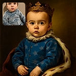 A wide-eyed toddler in a cozy blue outfit sits on a beige chair, looking curiously at the camera with a little drool on their chin, capturing a candid moment of innocence and wonder indoors.