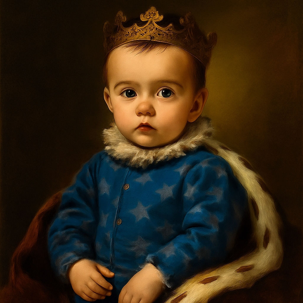 A wide-eyed toddler in a cozy blue outfit sits on a beige chair, looking curiously at the camera with a little drool on their chin, capturing a candid moment of innocence and wonder indoors.