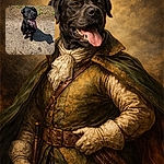 A gleeful black dog sits on gravel with its tongue flopping out like a purple towel, bits of dirt on its chin and a proud stick nearby — posing like it just won Best Fetch.