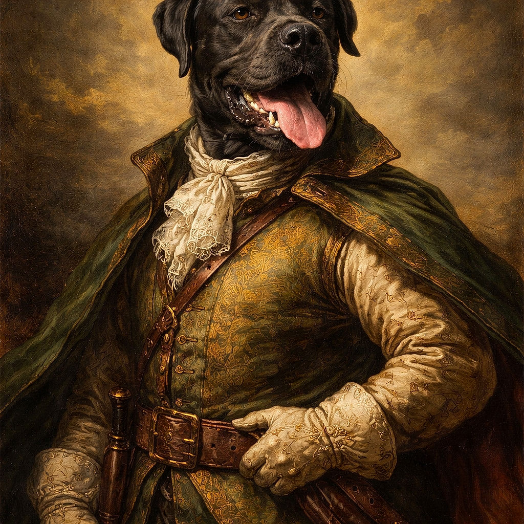 A gleeful black dog sits on gravel with its tongue flopping out like a purple towel, bits of dirt on its chin and a proud stick nearby — posing like it just won Best Fetch.