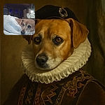 A cozy indoor scene featuring a brown dog resting on a fluffy white blanket in the foreground, looking thoughtfully to the side. In the background, a person in a white robe sits in a recliner chair, appearing relaxed and contemplative with a hand on their face. The dimly lit room adds a calm, intimate atmosphere.