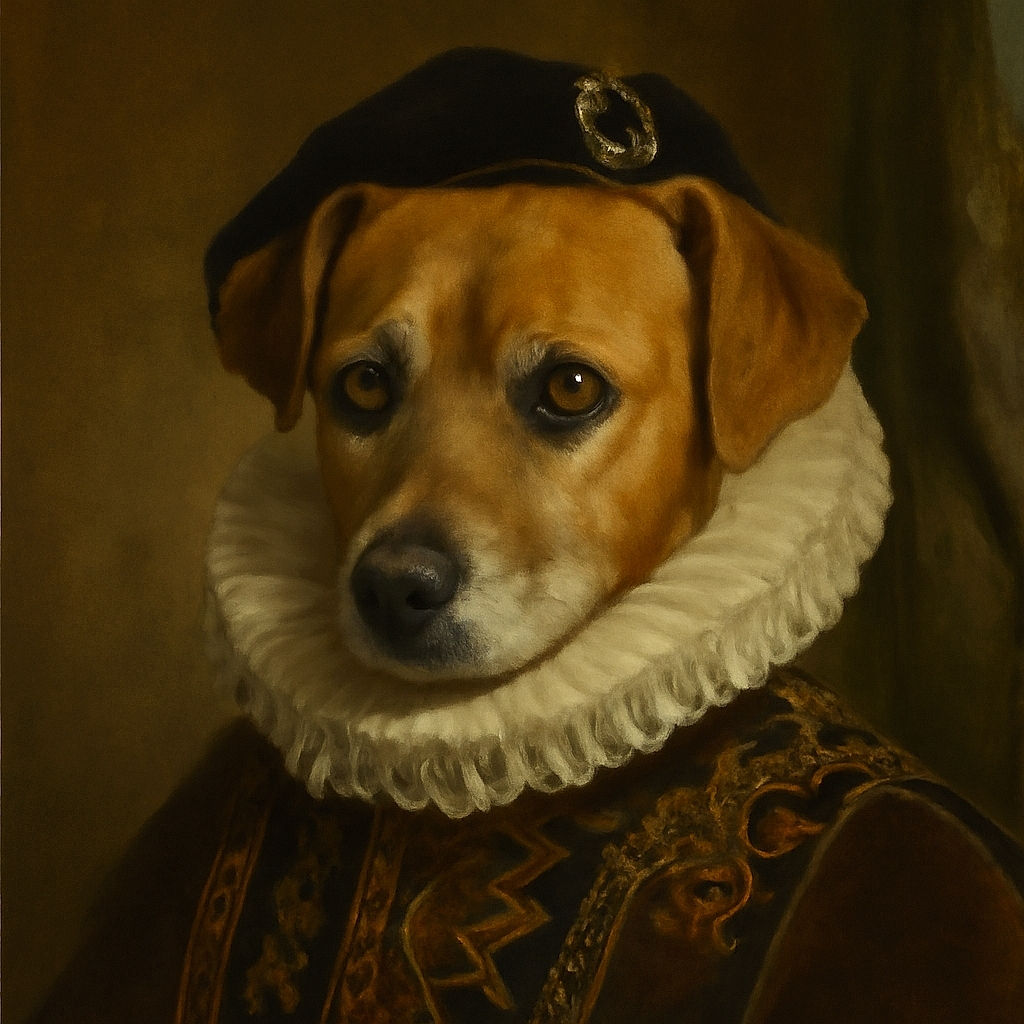 A cozy indoor scene featuring a brown dog resting on a fluffy white blanket in the foreground, looking thoughtfully to the side. In the background, a person in a white robe sits in a recliner chair, appearing relaxed and contemplative with a hand on their face. The dimly lit room adds a calm, intimate atmosphere.