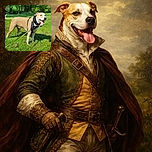 A happy dog with its tongue out stands on a lush green lawn on a sunny day, wearing a harness and leash, surrounded by vibrant trees. The photo includes phone UI elements and date/time overlays at the top and bottom.