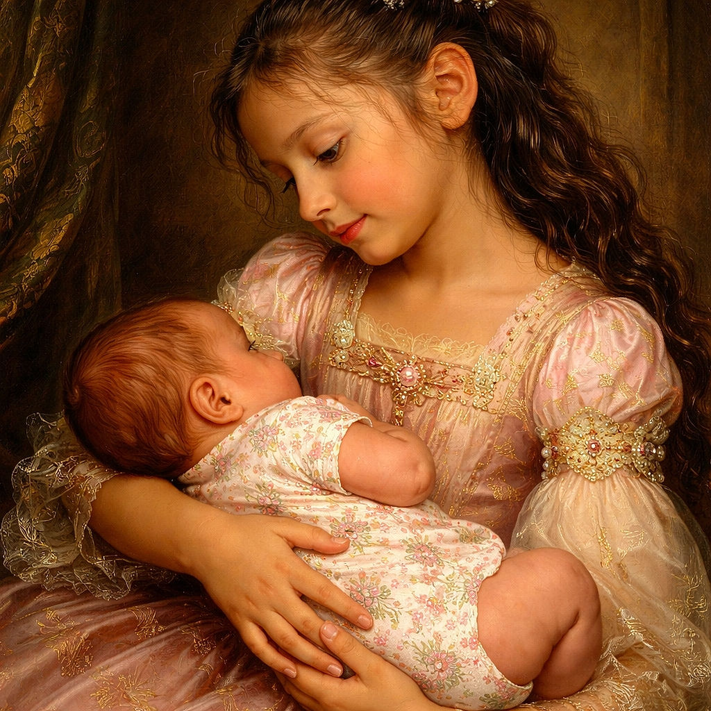 A heartwarming scene where a young girl gently cradles a newborn baby, both nestled comfortably on a couch with a colorful hammock in the background, radiating pure sibling love and cozy home vibes.