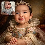 A smiling baby with big, sparkling eyes and a floral dress is lying on a white blanket, reaching out with tiny hands as if inviting you to play or share a giggle.
