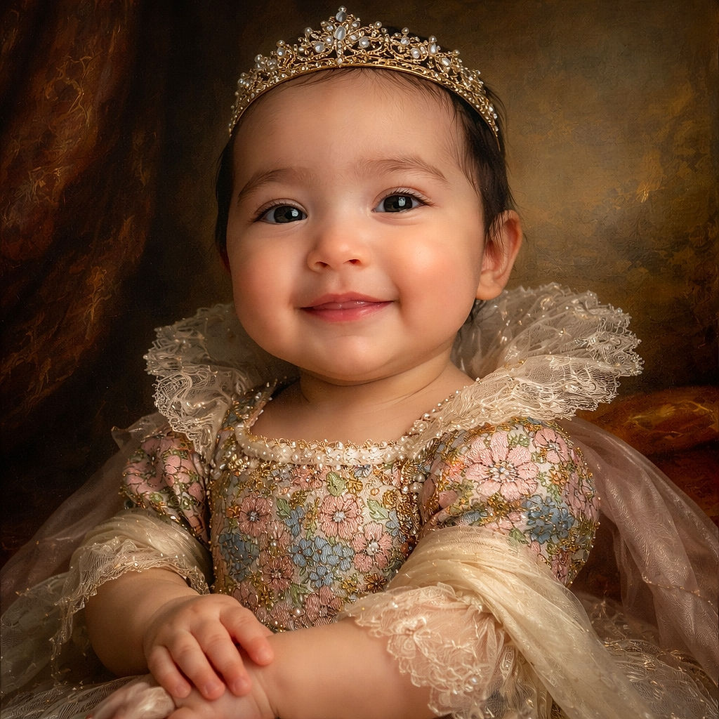 A smiling baby with big, sparkling eyes and a floral dress is lying on a white blanket, reaching out with tiny hands as if inviting you to play or share a giggle.