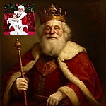 A jolly Santa Claus, dressed in his classic red and white fur-trimmed suit, sits on a plush red velvet couch holding a serious-faced baby. The festive Christmas tree adorned with colorful ornaments and twinkling lights creates a warm holiday backdrop. Santa's gentle smile contrasts with the baby's curious expression, making for a charming holiday portrait.