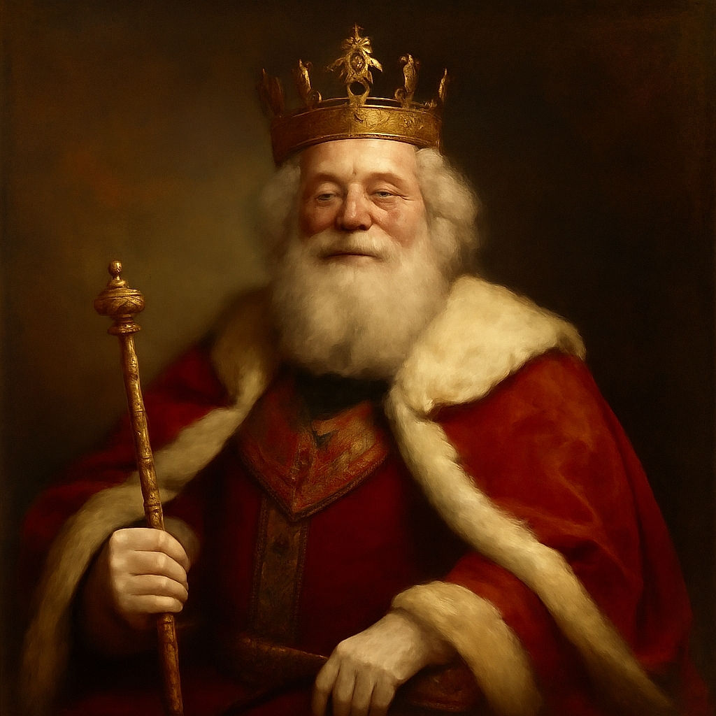 A jolly Santa Claus, dressed in his classic red and white fur-trimmed suit, sits on a plush red velvet couch holding a serious-faced baby. The festive Christmas tree adorned with colorful ornaments and twinkling lights creates a warm holiday backdrop. Santa's gentle smile contrasts with the baby's curious expression, making for a charming holiday portrait.