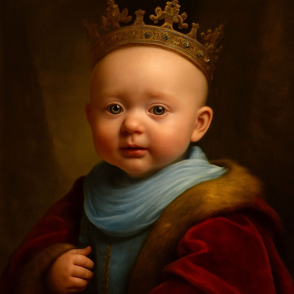 A curious baby with wide eyes leans forward toward the camera, sporting a cozy outfit with a hint of drool, while a colorful stuffed animal peeks out in the background, adding a playful touch.