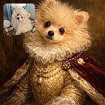 A fluffy cream-colored puppy with curly fur is sitting adorably on a cozy plaid blanket, tilting its head with an inquisitive look. Nearby, a soft toy shaped like a cupcake adds a playful touch to the warm and inviting scene.