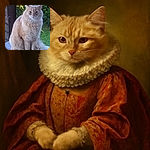 A fluffy cream-colored cat sits majestically on a textured surface outdoors, surrounded by lush greenery and a wooden post, looking slightly unimpressed but regal.