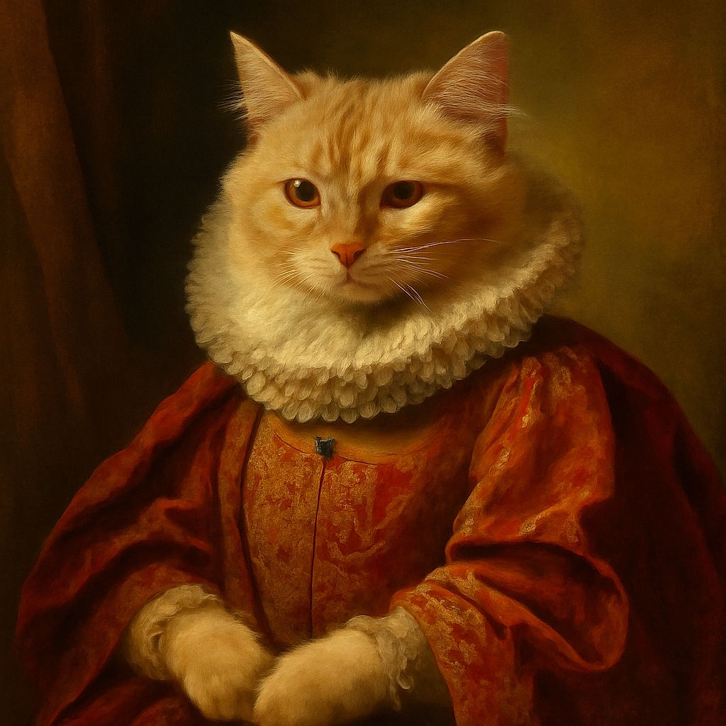 A fluffy cream-colored cat sits majestically on a textured surface outdoors, surrounded by lush greenery and a wooden post, looking slightly unimpressed but regal.
