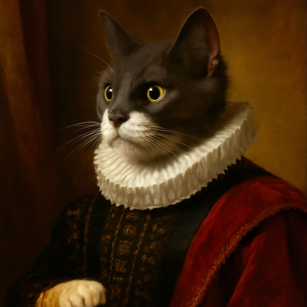A serene gray and white cat lounges comfortably on a patterned carpet, gazing intently to the side with curious eyes. The cozy indoor setting features a warm-toned couch and soft lighting, highlighting the cat's fluffy fur and relaxed posture.