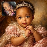 A close-up photo of a wide-eyed baby with striking blue eyes, wearing a pink bib and a pastel candy bracelet, looking curiously at the camera while clutching a pink cloth. The baby is seated in a car seat with a quilted gray background, and a pair of white sunglasses rests atop their head.