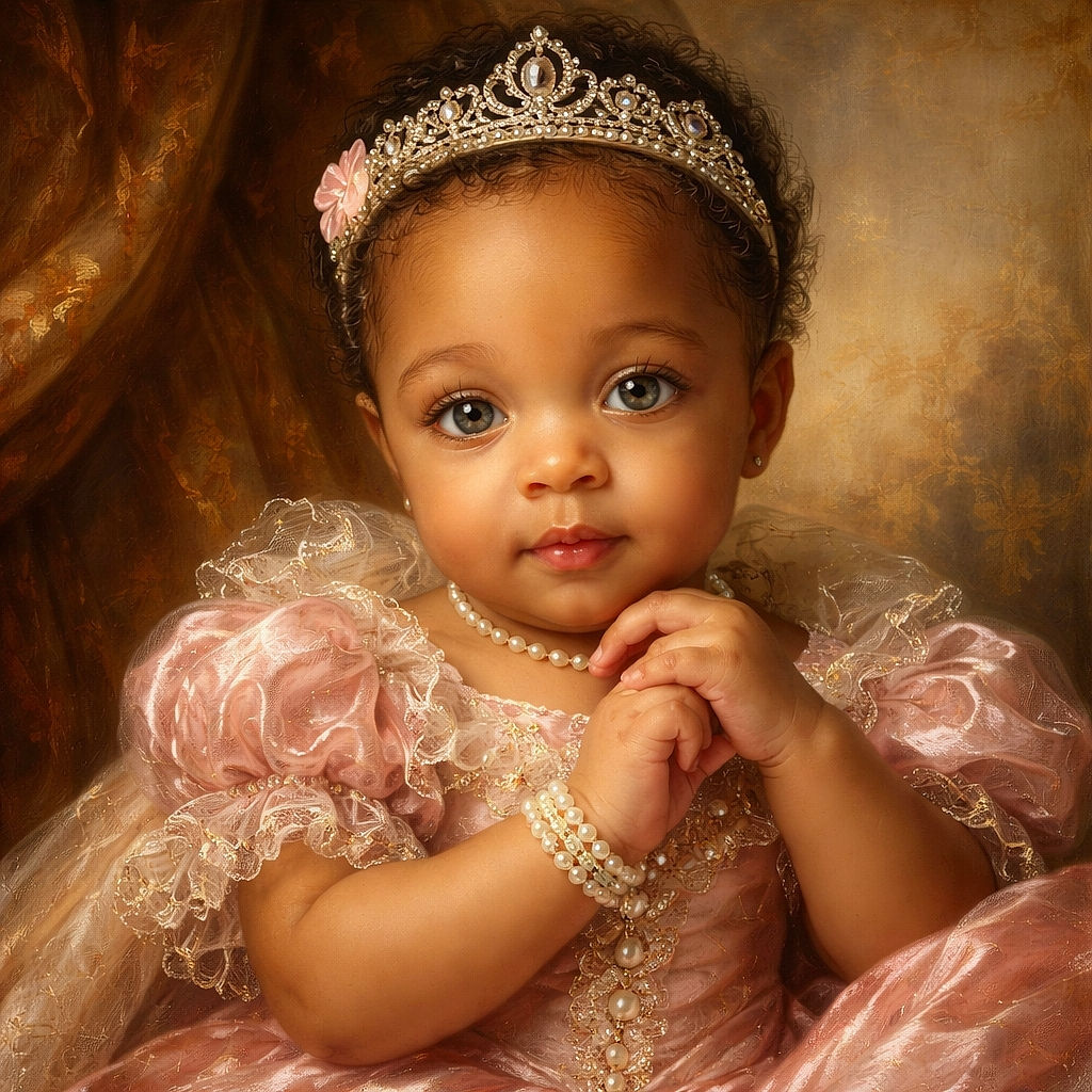 A close-up photo of a wide-eyed baby with striking blue eyes, wearing a pink bib and a pastel candy bracelet, looking curiously at the camera while clutching a pink cloth. The baby is seated in a car seat with a quilted gray background, and a pair of white sunglasses rests atop their head.