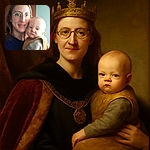 A softly focused selfie of a smiling woman wearing glasses holding a serious-looking baby bundled in a cozy outfit, with a simple indoor background.