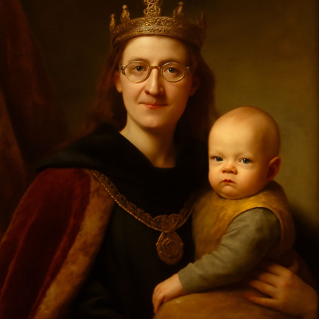 A softly focused selfie of a smiling woman wearing glasses holding a serious-looking baby bundled in a cozy outfit, with a simple indoor background.