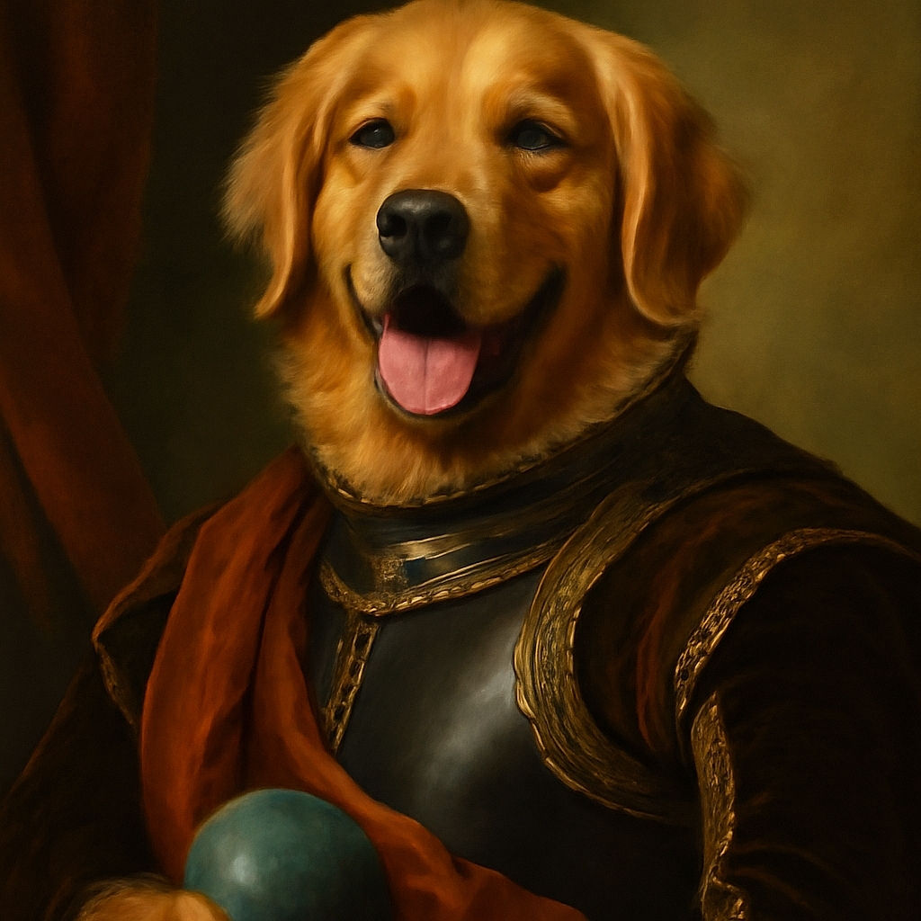 A happy golden retriever lounges on a wooden floor next to a blue ball, tongue out and ready for playtime in a cozy indoor corner.
