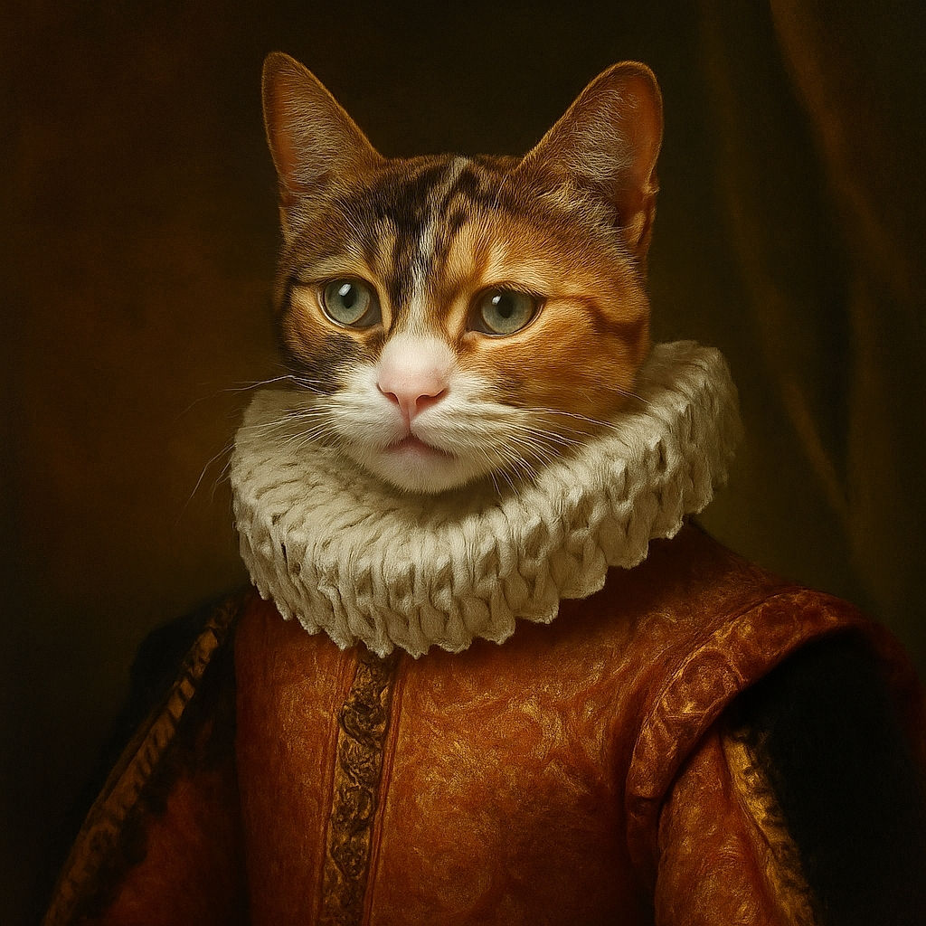 A curious calico cat peeks out of a black pet carrier on a countertop, with a softly colored blue paneled wall and some framed posters in the background. The cat's intense gaze and the scattered fur on the carrier tell a story of a patient traveler ready for an adventure or a vet visit.