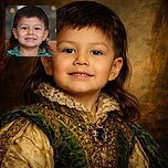 A cheerful young child with a unique mullet hairstyle smiles warmly at the camera, wearing a green plaid shirt with a softly blurred background of warm glowing lights adding a festive touch.
