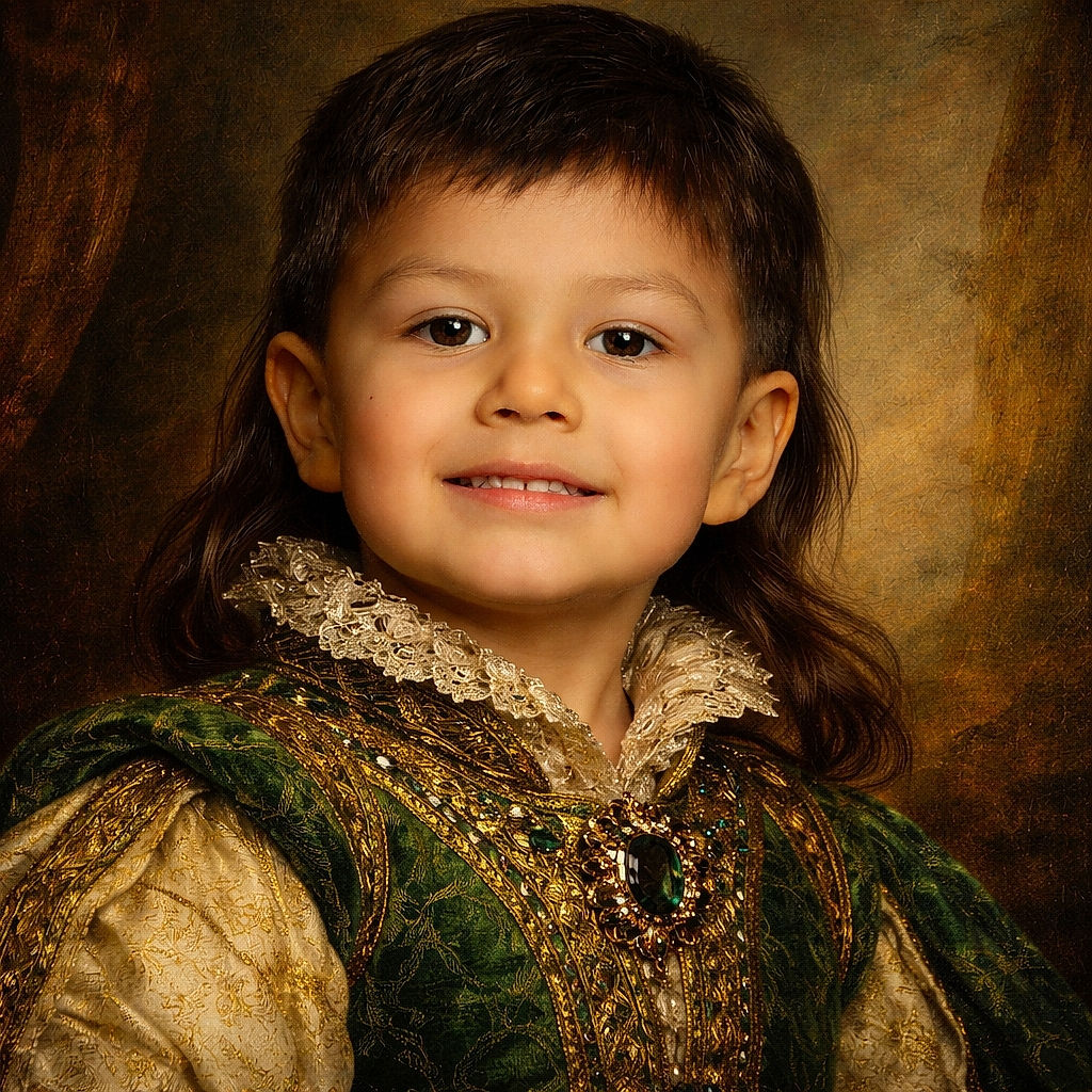 A cheerful young child with a unique mullet hairstyle smiles warmly at the camera, wearing a green plaid shirt with a softly blurred background of warm glowing lights adding a festive touch.