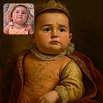 A chubby-cheeked baby wearing a floral sunhat and peach overalls with embroidered flowers, looking up with a slightly pouty and confused expression, set against a soft, fuzzy gray background.