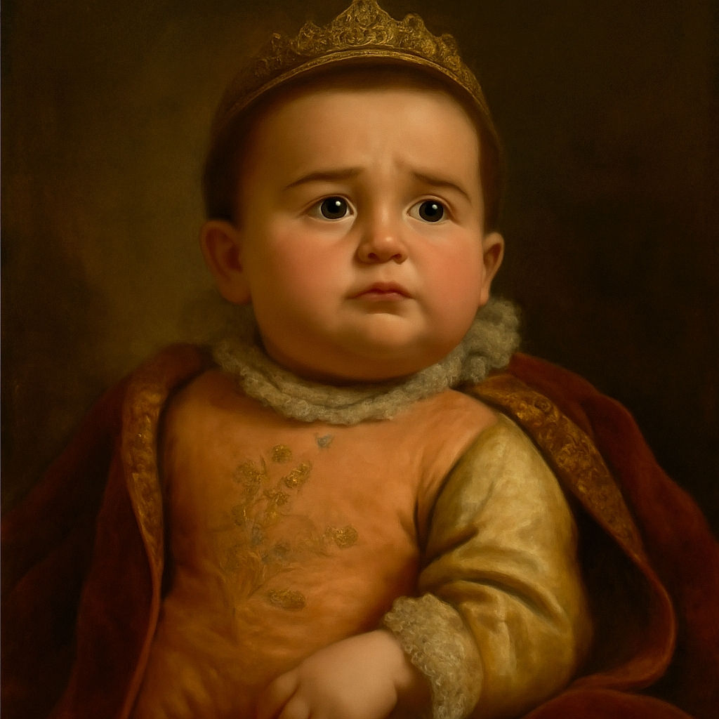 A chubby-cheeked baby wearing a floral sunhat and peach overalls with embroidered flowers, looking up with a slightly pouty and confused expression, set against a soft, fuzzy gray background.