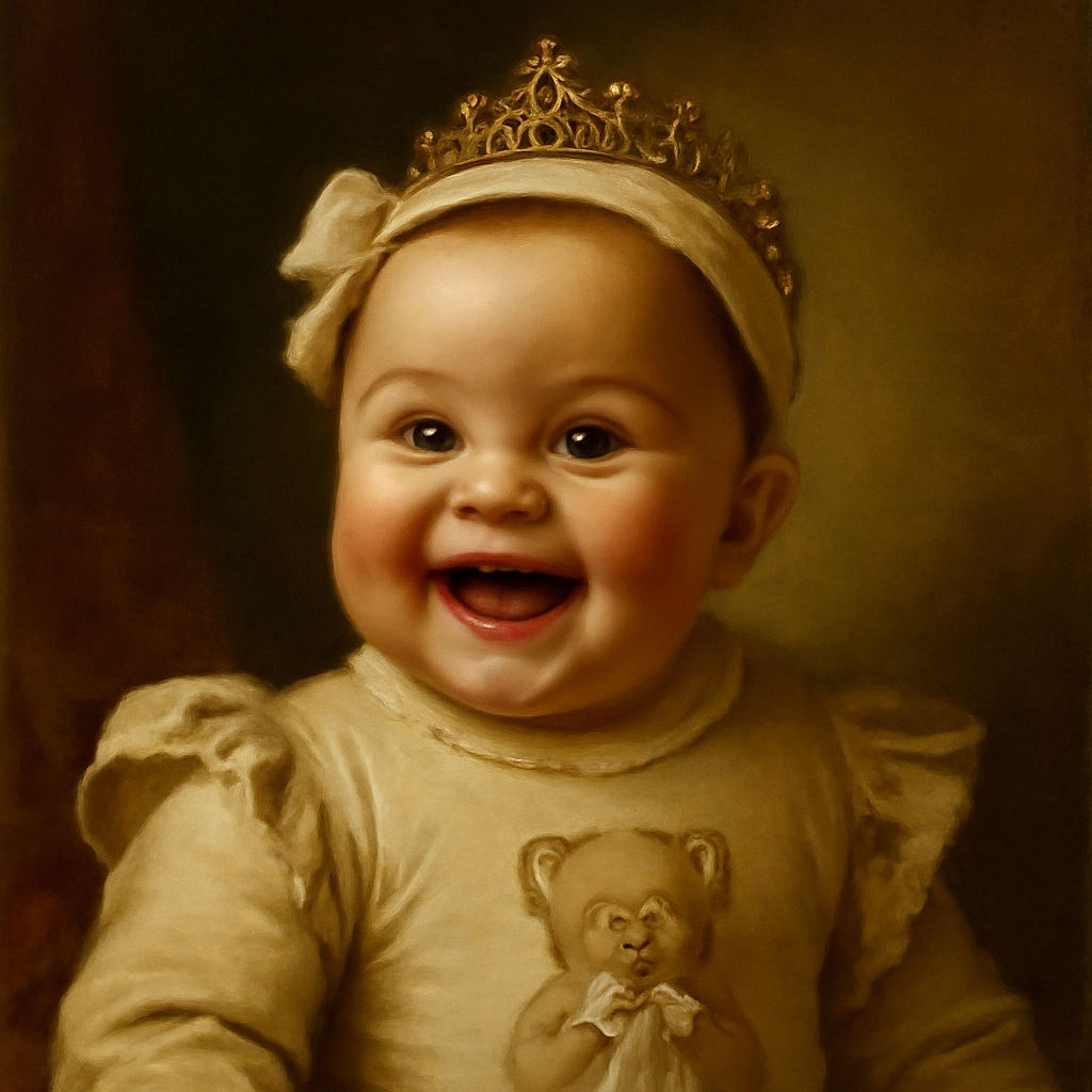 A joyful baby with chubby cheeks and bright eyes beams widely, wearing a cute headband with a bow and a beige outfit featuring a bear design. The soft focus background emphasizes the baby's happy expression, making it a heartwarming and adorable portrait.