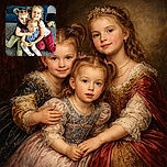 Three adorable young children with playful hairstyles are sitting on a carpeted floor in a cozy living room, sharing a warm group hug. The background features a blue couch and a plush toy slightly out of focus, adding to the homey atmosphere.