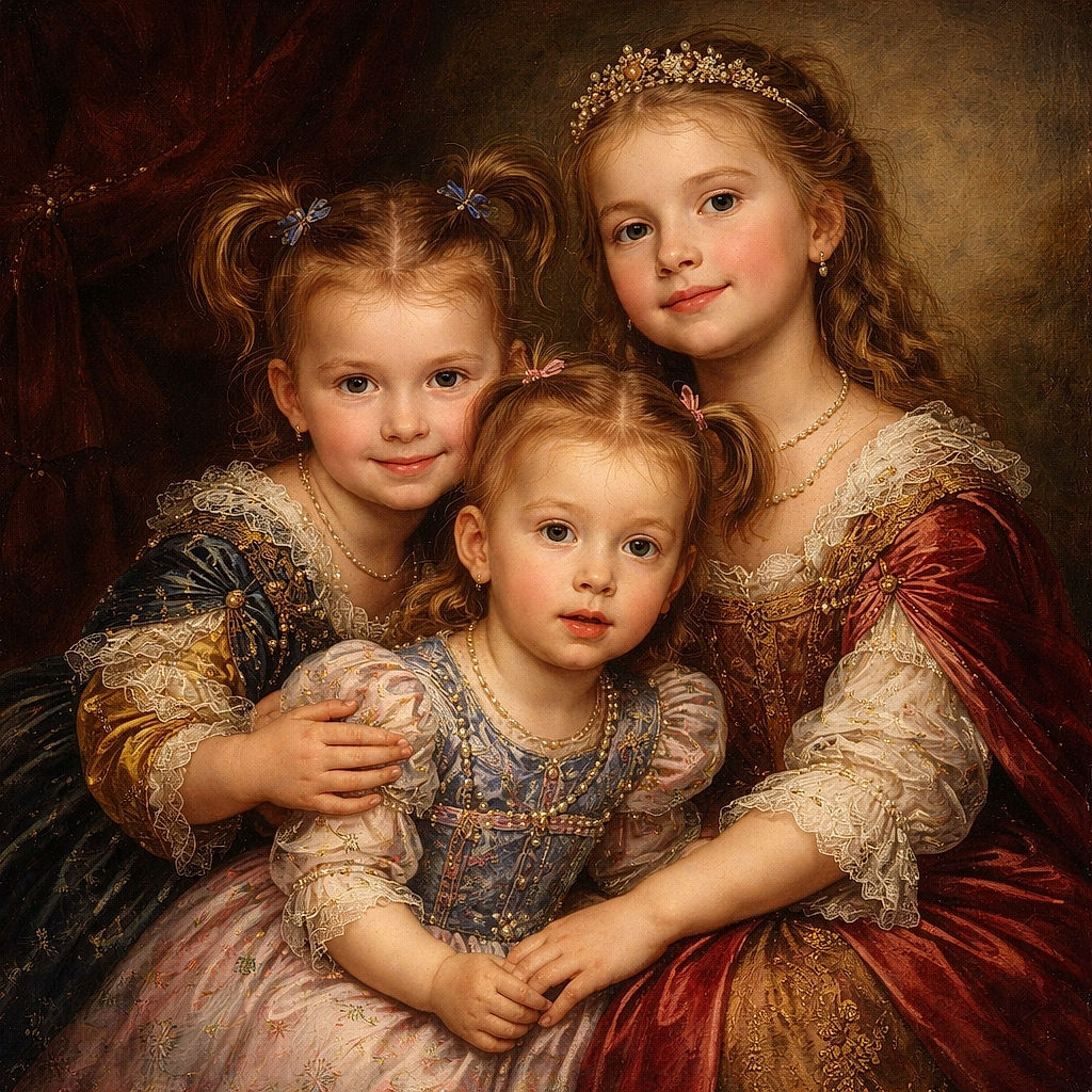 Three adorable young children with playful hairstyles are sitting on a carpeted floor in a cozy living room, sharing a warm group hug. The background features a blue couch and a plush toy slightly out of focus, adding to the homey atmosphere.