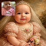 A chubby-cheeked baby in a pink striped outfit labeled 'Daddy's girl' gazes curiously at the camera while resting on a floral pillow, cozy and content.