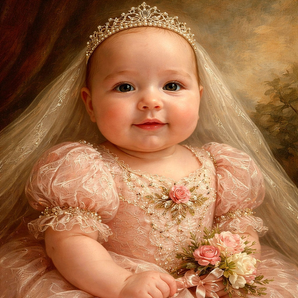 A chubby-cheeked baby in a pink striped outfit labeled 'Daddy's girl' gazes curiously at the camera while resting on a floral pillow, cozy and content.