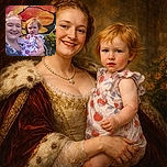 A cheerful woman holding a slightly puzzled toddler in front of a vibrant, oversized butterfly mural, with bright yellow flowers adding a sunny touch to the background.