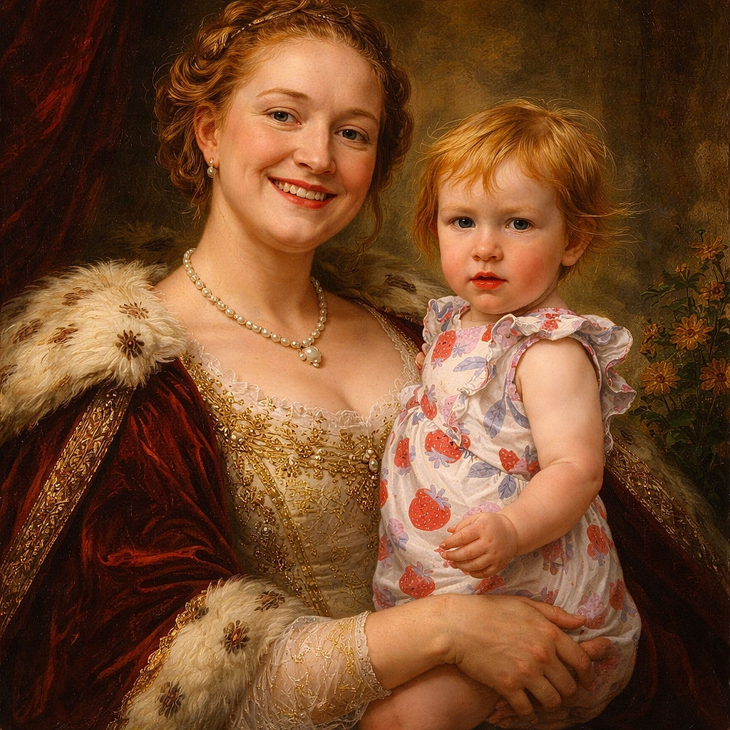 A cheerful woman holding a slightly puzzled toddler in front of a vibrant, oversized butterfly mural, with bright yellow flowers adding a sunny touch to the background.