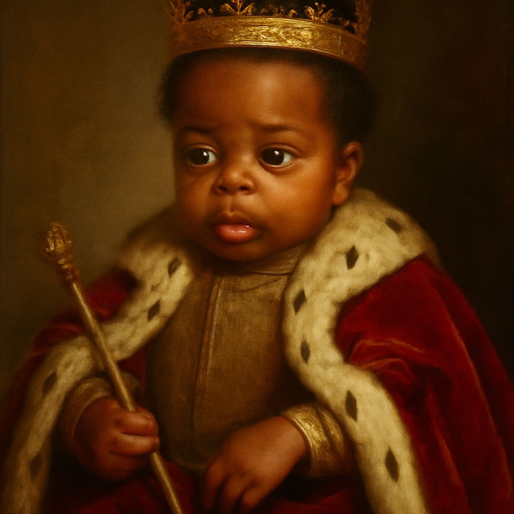 A close-up photo of a curious baby wearing a diaper, sitting comfortably against a soft background, with big expressive eyes and a slightly open mouth as if discovering the world.