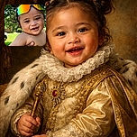 A joyful toddler sporting reflective orange sunglasses atop their head, flashing a toothy grin while being held outdoors with lush greenery and a parked car in the background.
