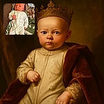 A wide-eyed baby in a cozy white onesie adorned with farm animal sketches lounges on a patterned blanket, looking curiously at the camera like a tiny philosopher pondering life.