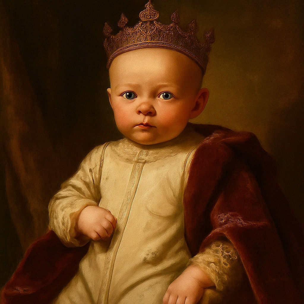 A wide-eyed baby in a cozy white onesie adorned with farm animal sketches lounges on a patterned blanket, looking curiously at the camera like a tiny philosopher pondering life.